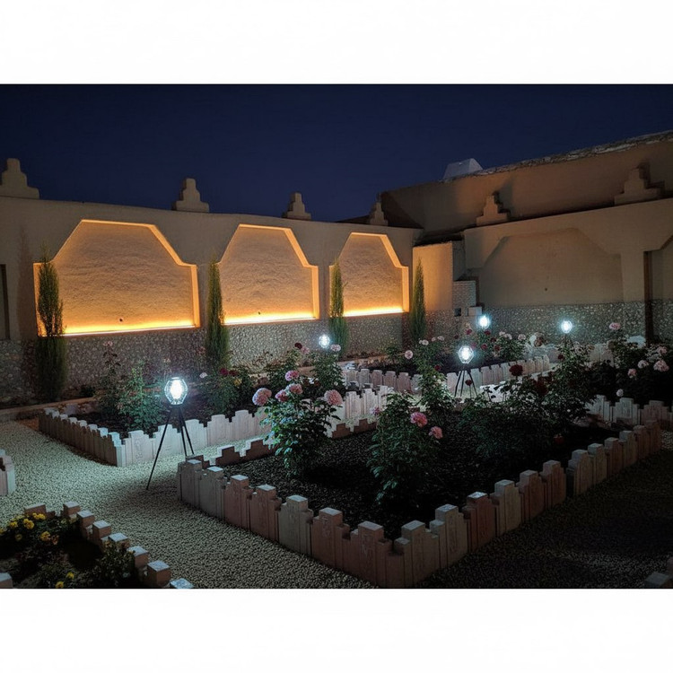 طرح زیبای کاهگلی حیاط باغچه دار خانه با نورپردازی متناسب با طرح