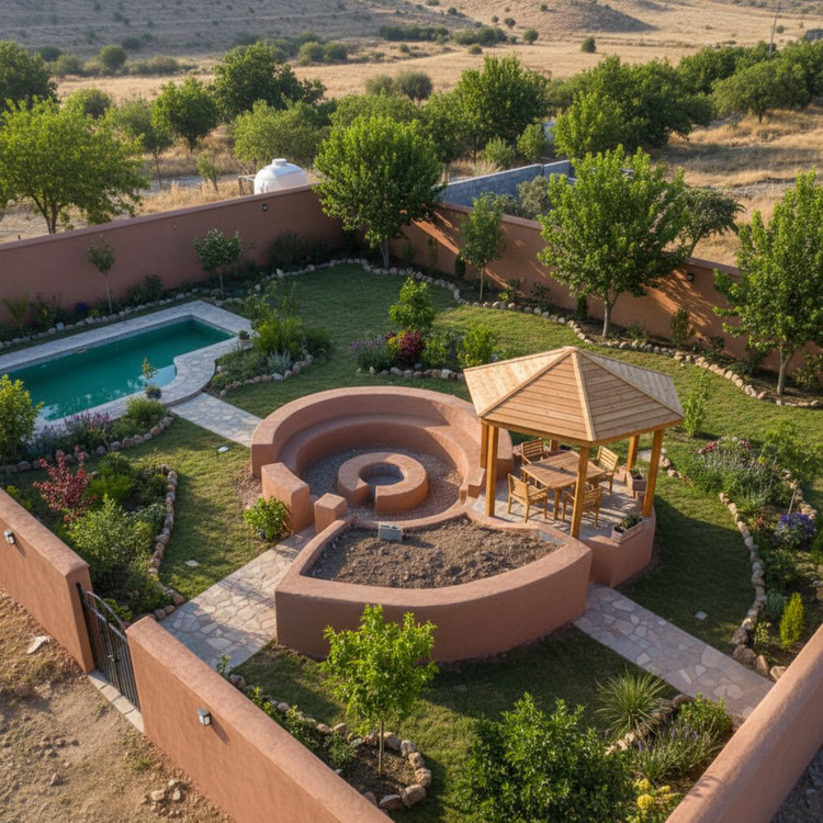 طرح پیشنهادی باغ و باغچه،با آتشدان دور همی زیبای کاهگلی و دیوار های مچ شده با طبیعت