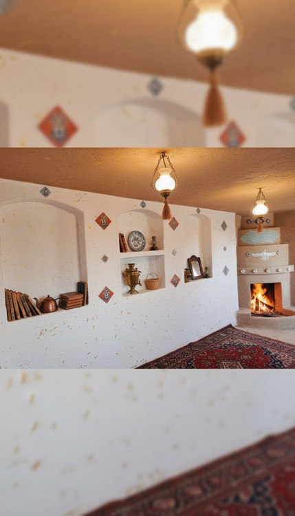 طرح ترکیبی از کاهگل سفید و سنتی با شومینه سنتی چشم نواز